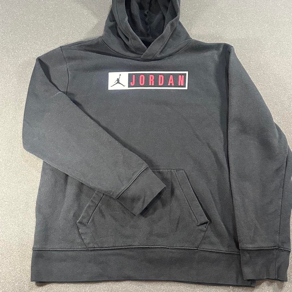 Youth Jordan black hoodie with red and white logo, size XL